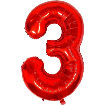 Balon din Folie Metalizata Cyrax, Figurina Cifra, Tema Aniversare 100 cm, Ambalaj Individual, Pai inclus, Umflare cu Aer sau Heliu, Rosu, Cifra 3