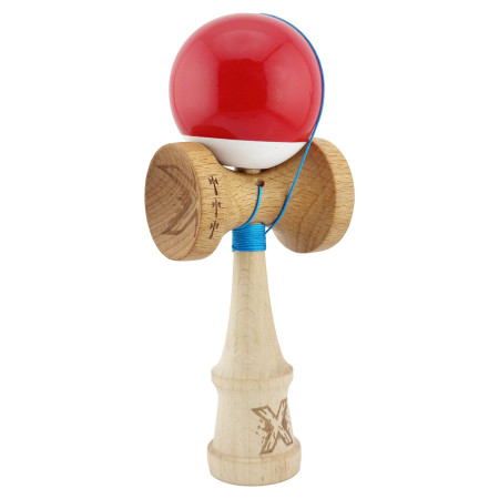 Kendama X Originala, Profesionala, Cyrax, Big Cups V2, Super Sticky cu Cupe Mari, din lemn 18 cm, Rulment Metalic cu Ata 55 cm, Rosu/Alb