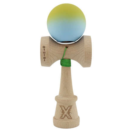 Kendama X Originala, Profesionala, Cyrax, Rubber Grip, Cupe Mari KING SIZE V3, Gaura in Baza, Rulment Metalic, din lemn 18 cm, Ata 62/65 cm, Gradient Galben/Albastru deschis