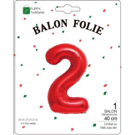 Balon din Folie Metalizata Cyrax, Figurina Cifra, Tema Aniversare 40 cm, Ambalaj Individual, Pai inclus, Umflare cu Aer sau Heliu, Rosu, Cifra 2