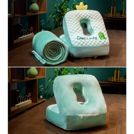 Set 2in1 Patura Microfibra si Perna din Spuma,  pentru Birou, Calatorii, Pauze, Model Dinozaur, Microfibra, 1x1.7 m, 30x35x30 cm, Verde