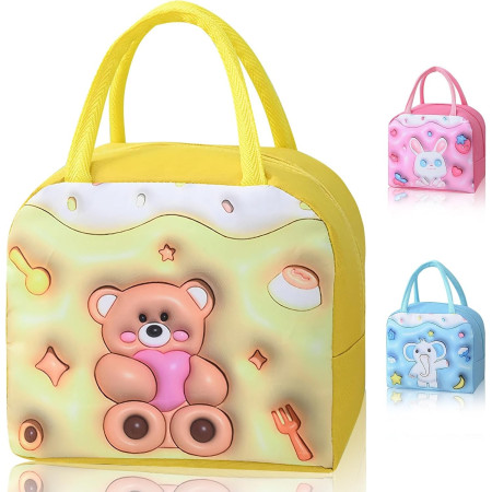Geantă Frigorifică, Cyrax, cu Desene Animate 3D, Portabilă pentru Copii, de Prânz, din Pânză Oxford, 23x13x19 cm, Model Ursulet, Galben