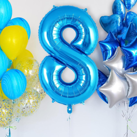 Balon din Folie Metalizata Cyrax, Figurina Cifra, Tema Aniversare 40 cm, Ambalaj Individual, Pai inclus, Umflare cu Aer sau Heliu, Albastru, Cifra 8