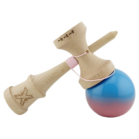 Kendama X Originala, Profesionala, Cyrax, Big Cups V2, Super Sticky cu Cupe Mari, din lemn 18 cm, Rulment Metalic cu Ata 55 cm, Albastru/Roz