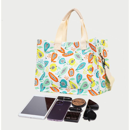 Geanta de Mana/Umar, Multifunctionala,  Inchidere cu Capsa, Imprimeu Fructe, Material Textil, 33.5 x 25 x 14.5 cm, Multicolor