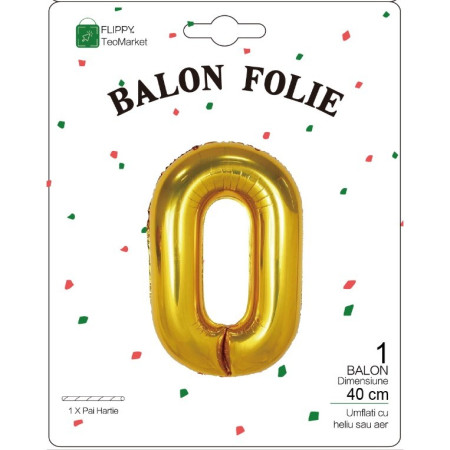 Balon din Folie Metalizata Cyrax, Figurina Cifra, Tema Aniversare 40 cm, Ambalaj Individual, Pai inclus, Umflare cu Aer sau Heliu, Auriu, Cifra 0