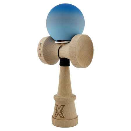 Kendama X Originala, Profesionala, Cyrax, Cupe Mari KING SIZE V3, Rubber Grip, Gaura in Baza, Rulment Metalic, din lemn 18 cm, Ata 62/65 cm, Gradient Albastru/Gri/Albastru deschis