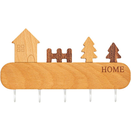 Suport pentru Chei,  din Lemn, Aplicare fara Perforare, Adeziv Inclus, 5 Carlige Albe, Model Casuta, Greutate Suportata 5 kg, 13.5 x 23 cm, Maro