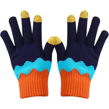 Manusi de Dama,  Model Ondulat, Functie Touchscreen (ecran tactil), Material Acril Tricotat, Manseta Elastica, Interior Catifelat, Marime Universala, Portocaliu/Albastru