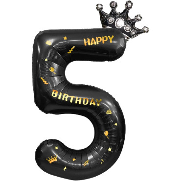 Balon din Folie Metalizata Cyrax, Figurina Cifra si Coroana, Scris Happy Birthday, Tema Aniversare 100 cm, Ambalaj Individual, Pai inclus, Umflare cu Aer sau Heliu, Negru, Cifra 5