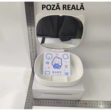 Cutie cu Oglinda, Model Pisica, Cyrax, 4 Compartimente, Cutie de Depozitare a Machiajelor si Accesoriilor, Oglinda de Machiaj, 17x13x6cm, Alb