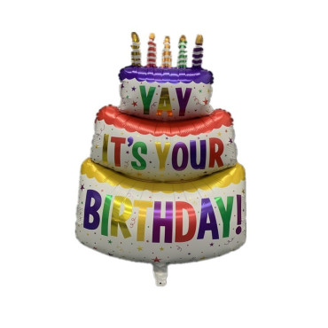 Balon din Folie Metalizata, Cyrax, Model Tort cu 3 Straturi, Balon Aniversar, Model Birthday Cake, 102x62 cm, Ambalaj Individual, Pai inclus, Umflare cu Aer sau Heliu, Multicolor