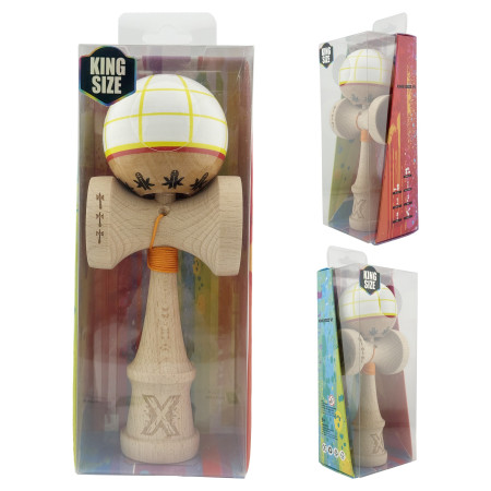 Kendama X Originala, Profesionala, Cyrax, Big Cups V2, Model Glob Super Sticky Legendary Cupe Mari, Rulment Metalic cu Ata 55 cm, Alb/Galben/Rosu