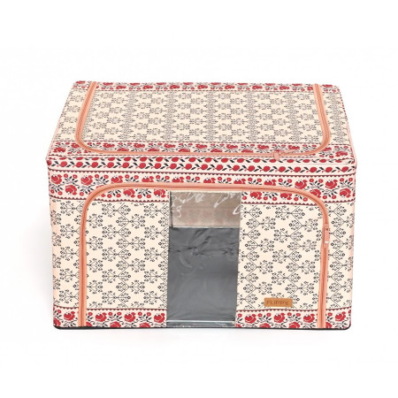 Cutie de Depozitare Pliabila,  66 L din Bumbac si In, 52 x 42 x 39 cm, Fereastra Frontala, 2 Usi de Acces cu Fermoar Bidirectional, Cadru Metalic, Suport Baza Stabil din Plastic, Motiv Traditional Model 6