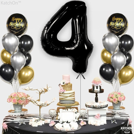 Balon din Folie Metalizata, Cyrax, Figurina Cifra, Tema Aniversare 100 cm, Ambalaj Individual, Pai inclus, Umflare cu Aer sau Heliu, Negru, Cifra 4