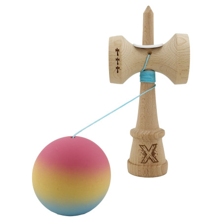 Kendama X Originala, Profesionala, Cyrax, Cupe Mari KING SIZE V3, Rubber Grip, Gaura in Baza, Rulment Metalic, din lemn 18 cm, Ata 62/65 cm, Gradient Roz/Galben/Albastru deschis
