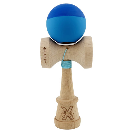 Kendama X Originala, Profesionala, Cyrax, Rubber Grip, Cupe Mari KING SIZE V3, Gaura in Baza, Rulment Metalic, din lemn 18 cm, Ata 62/65 cm, Bicolor Albastru/Albastru deschis