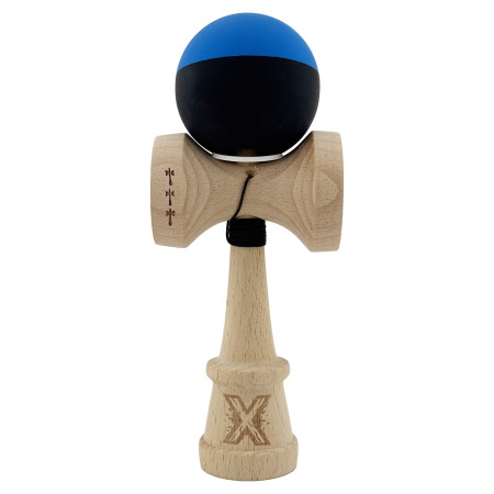 Kendama X Originala, Profesionala, Cyrax, Rubber Grip, Cupe Mari KING SIZE V3, Gaura in Baza, Rulment Metalic, din lemn 18 cm, Ata 62/65 cm, Bicolor Albastru/Negru