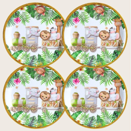 Farfurii Cartonate pentru Petreceri, Cyrax, Farfurii Cartonate de unica Folosinta pentru Zile de Nastere, Model Safari cu Animale, set 10 buc, Diametru 18 cm, Multicolor