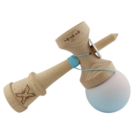 Kendama X Originala, Profesionala, Cyrax, Rubber Grip, Cupe Mari KING SIZE V3, Gaura in Baza, Rulment Metalic, din lemn 18 cm, Ata 62/65 cm, Gradient Lila/Turcoaz