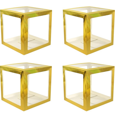 Set 4 Cutii pentru Baloane, Cyrax, Model Simplu, Tematica Aniversare, Cuburi Decorative din Plastic, Accesorii pentru Petrecere, 30 x30 cm, Transparente Contur Auriu