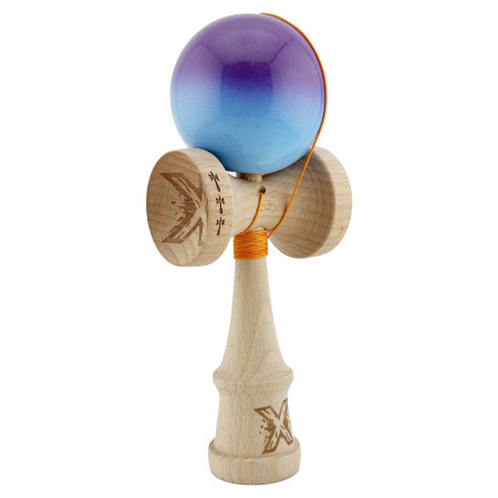 Kendama X Originala, Profesionala, Cyrax, Big Cups V2, Super Sticky cu Cupe Mari, din lemn 18 cm, Rulment Metalic cu Ata 55 cm, Mov/Albastru