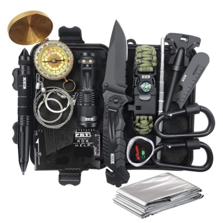 Kit supravietuire multifunctional 16 in 1  Instrumente profesionale, Agatatoare ghiozdan, pentru Camping, Drumetii, Aventuri in aer liber, borseta inclusa, negru