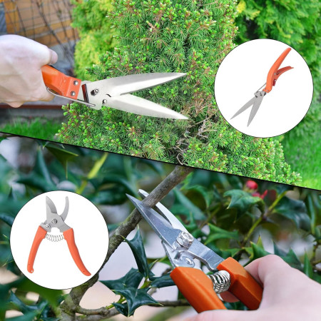 Set 10 Unelte de Gradina,  pentru Plantare Prelucrare Sol si Ingrijire Plante, Manere Portocalii, Material PVC si Otel Inoxidabil, Cutie Inclusa, 37x28x7 cm, Negru