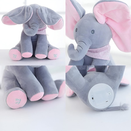 Jucarie Interactiva pentru Copii, Cyrax, Elefantel Peek-a-boo, Muzica, Misca Urechile, Alimentare cu Baterii, 30 cm, Roz-Gri
