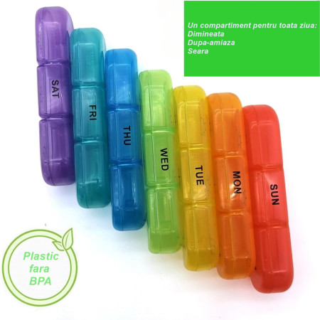 Cutie Depozitare Medicamente,  7 Zile, 21 Compartimente, Cutie Suport, Recipiente Detasabile, Portabila, Recipiente Colorate, Cutie Neagra, 15.6x12 cm