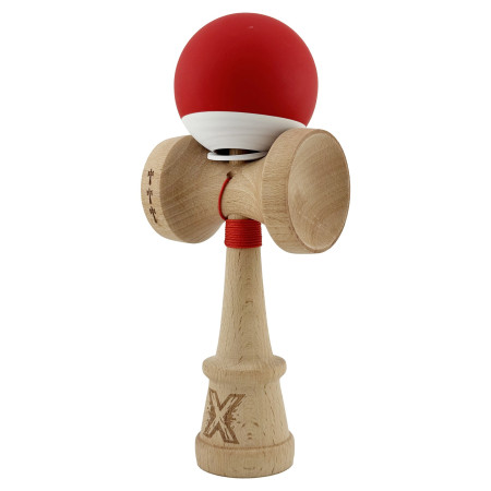 Kendama X Originala, Profesionala, Cyrax, Rubber Grip, Cupe Mari KING SIZE V3, Gaura in Baza, Rulment Metalic, din lemn 18 cm, Ata 62/65 cm, Bicolor Rosu/Alb