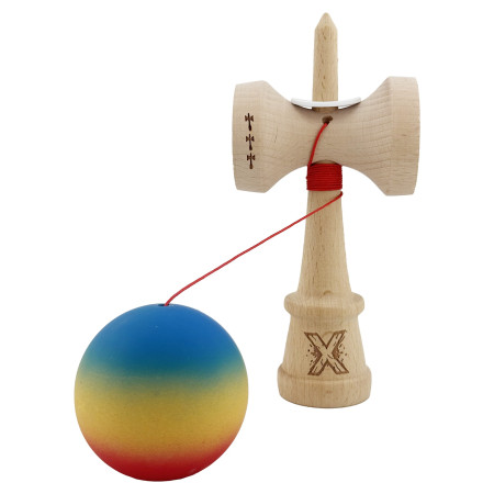 Kendama X Originala, Profesionala, Cyrax, Cupe Mari KING SIZE V3, Rubber Grip, Gaura in Baza, Rulment Metalic, din lemn 18 cm, Ata 62/65 cm, Gradient Albastru/Galben/Rosu