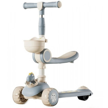 Trotineta Multifunctionala 3 in 1, Cyrax, pentru Copii, 1-7 Ani, cu Lumini si Muzica, Reglabil 360, Pliere Usoara, Reglarea Inaltimii, Model Dinozaur, Bej/Albastru