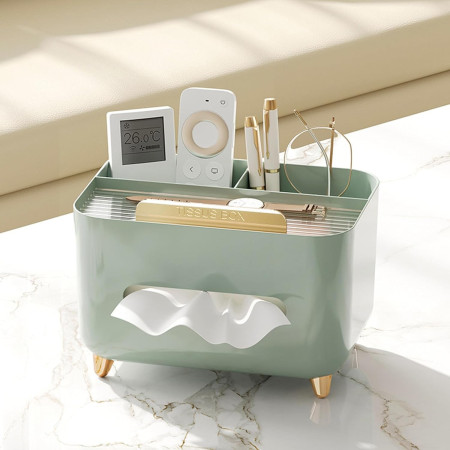 Suport pentru Servetele,  Cutie Multifunctionala, Design Minimalist, ABS, cu Suport pentru Obiectele Personale, pentru Birou, 21x15x13 cm, Verde