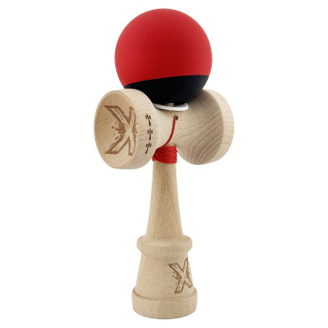 Kendama X Originala, Profesionala, Cyrax, Cupe Mari KING SIZE V3, Rubber Grip, Gaura in Baza, Rulment Metalic, din lemn 18 cm, Ata 62/65 cm, Bicolor Rosu/Negru