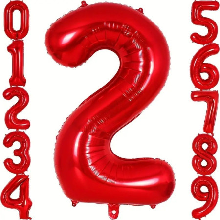 Balon din Folie Metalizata Cyrax, Figurina Cifra, Tema Aniversare 100 cm, Ambalaj Individual, Pai inclus, Umflare cu Aer sau Heliu, Rosu, Cifra 2