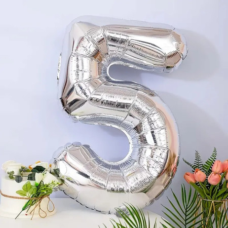 Balon din Folie Cyrax, Cifra 5, 81 cm, Pentru Aer sau Heliu, Bulk, Argintiu