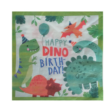 Set 20 de Servetele de Masa Happy Birthday, Cyrax, Model Dinozauri, Tematica Aniversare, 33x33 cm, Verde