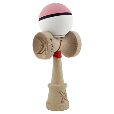 Kendama X Originala, Profesionala, Cyrax, Cupe Mari KING SIZE V3, Rubber Grip, Gaura in Baza, Rulment Metalic, din lemn 18 cm, Ata 62/65 cm, S Bicolor Roz/Alb