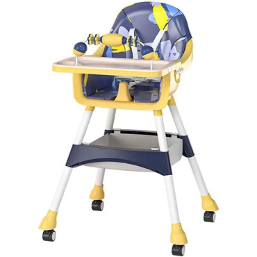 Scaun de Masa 2in1, Cyrax, pentru Copii de la 6 luni - 5 Ani, Inaltime Reglabila, Centura in 5 Puncte, Tava de Masa, Roti cu Frana, Cos Depozitare, Jucarie Inclusa, 94 x 78 x 60 cm, Albastru/Galben