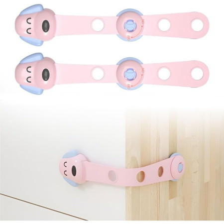 Siguranta pentru Usi Copii,  Sistem de Blocare Sertare, Dulap, Frigider, Adeziv, cu Sistem de Inchidere Dublu, Model Catelus, Roz