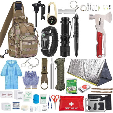 Kit supravietuire multifunctional  Instrumente profesionale, Trusa de Prim-Ajutor, pentru Camping, Drumetii, Aventuri in aer liber, borseta inclusa, model army