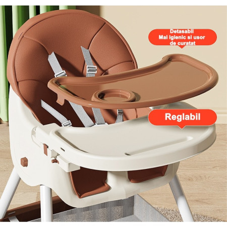 Scaun de masa pentru bebelusi si copii Cyrax, cu roti, telescopic, pliabil, masuta reglabila, suport picioare, scaun invelis piele artificiala, centura siguranta, spatiu depozitare, 97 x 73 x 65 cm, maro