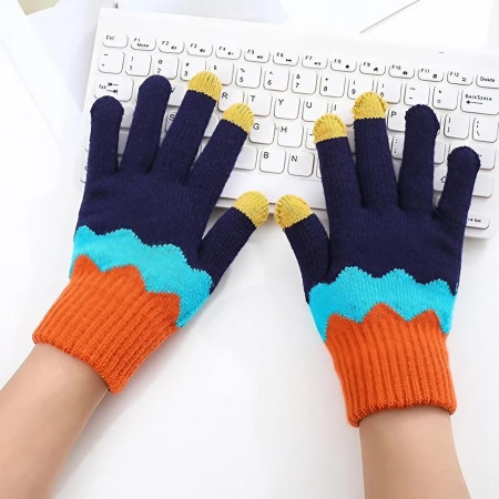 Manusi de Dama,  Model Ondulat, Functie Touchscreen (ecran tactil), Material Acril Tricotat, Manseta Elastica, Interior Catifelat, Marime Universala, Portocaliu/Albastru