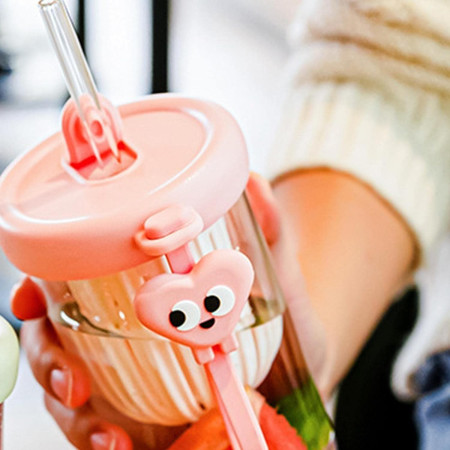 Pahar din silicon, cu capac si pai, pentru copii, Cyrax, anti-cadere, compartiment pentru fructe/ceai/gheata, rezistent la temperaturi inalte, 500ml, Roz, 14.5x8.8x20 cm