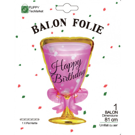 Balon din Folie Metalizata, Cyrax, Figurina Pahar de Vin, Tema Aniversare, 93x48 cm, Ambalaj Individual, Pai Inclus, Umflare cu Aer sau Heliu, Roz