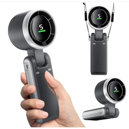 Mini Ventilator Portabil,  5 Trepte de Viteza, Afisaj Digital, Incarcare USB, 5V, 2A, 5.95 x 5.2 x 17.2 cm, Negru