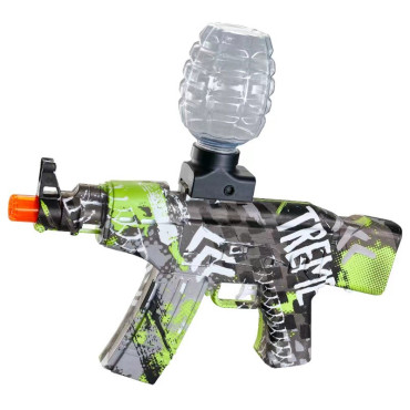 Mitraliera de jucarie electrica Cyrax cu bile de hidrogen de gel, gun bluster, tragere in rafala, varsta peste 6 ani, sageti cu ventuze de spuma, amortizor, ochelari de protectie,  5000 de bile incluse, cablu de incarcare, 28x31 cm, AK47, verde
