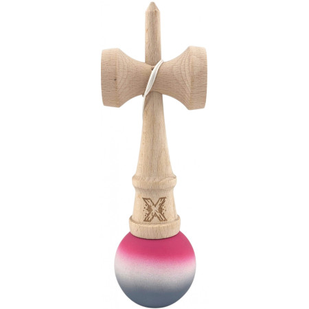 Kendama X Originala, Profesionala, Cyrax, din Lemn, Rubber Grip, 18 cm, Roz/Alb/Gri