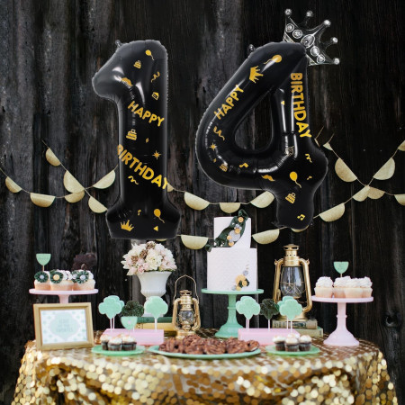 Balon din Folie Metalizata Cyrax, Figurina Cifra, Scris Happy Birthday, Tema Aniversare 100 cm, Ambalaj Individual, Pai inclus, Umflare cu Aer sau Heliu, Negru, Cifra 1